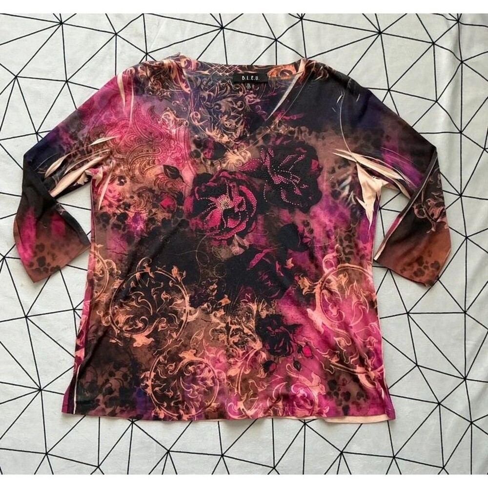 Y2K rhinestone rose baroque print top XL